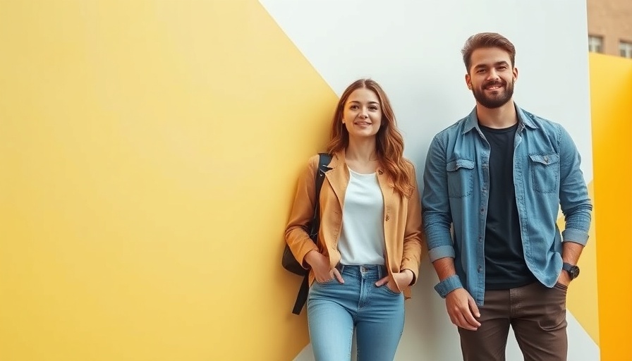 Casual duo at Austin podcast summit with vibrant background.