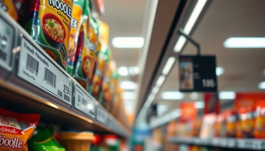Close-up of digital shelf labels for instant noodles in a supermarket.