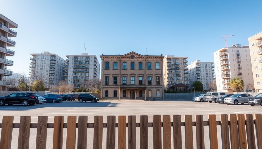 Old building and parking lot surrounded by modern apartments, clear sky.