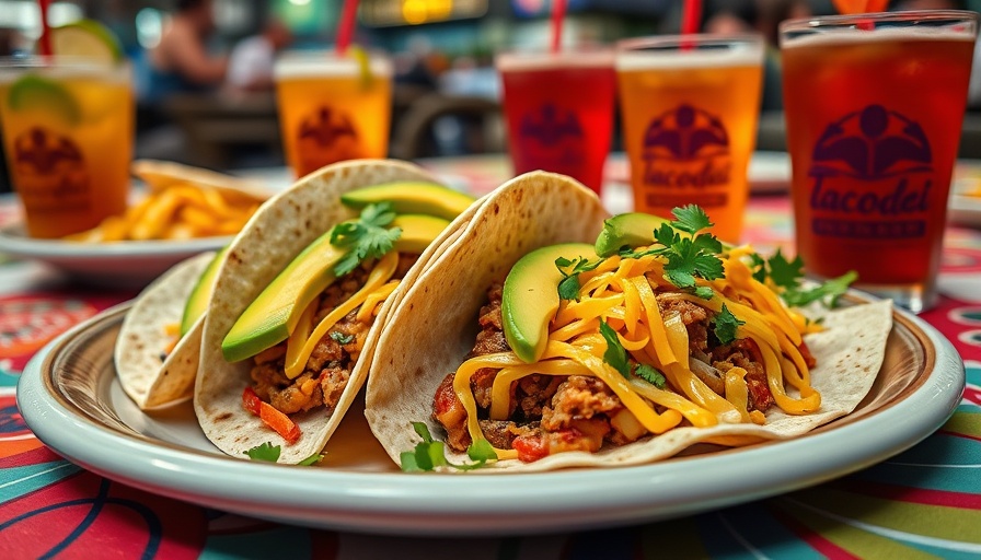 Tacodeli tacos with avocado and cheese on colorful tablecloth.