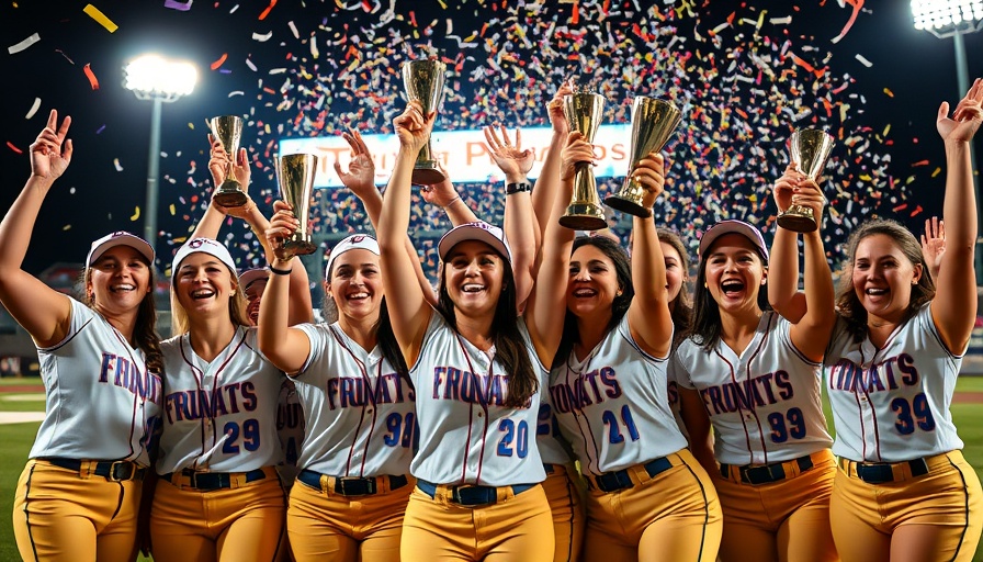 Women's College World Series team celebrating record viewership with trophies.