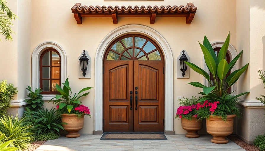Mediterranean-Style Sanctuary in Austin with elegant wood doors and planters.
