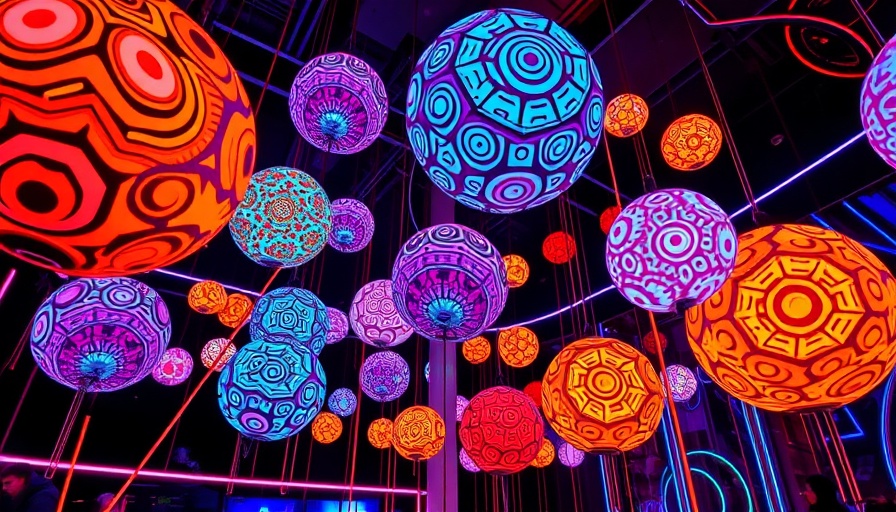Vibrant art installation with hypnotic spheres in neon lighting, Austin lifestyle.