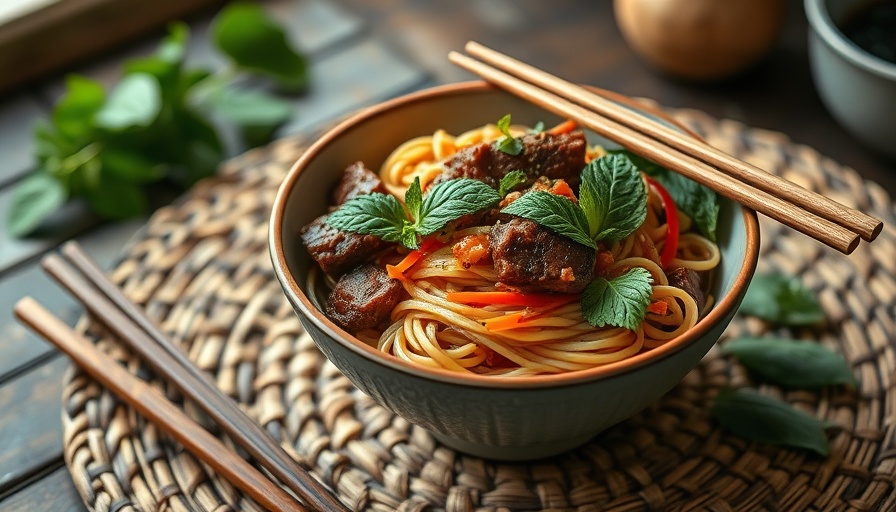 Vibrant Thai bison and vegetable noodle bowl with mint in rustic setting.