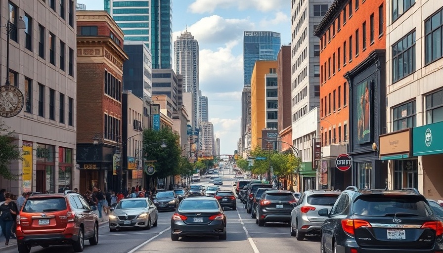 Bustling Austin street scene, vibrant city life, traffic and pedestrians