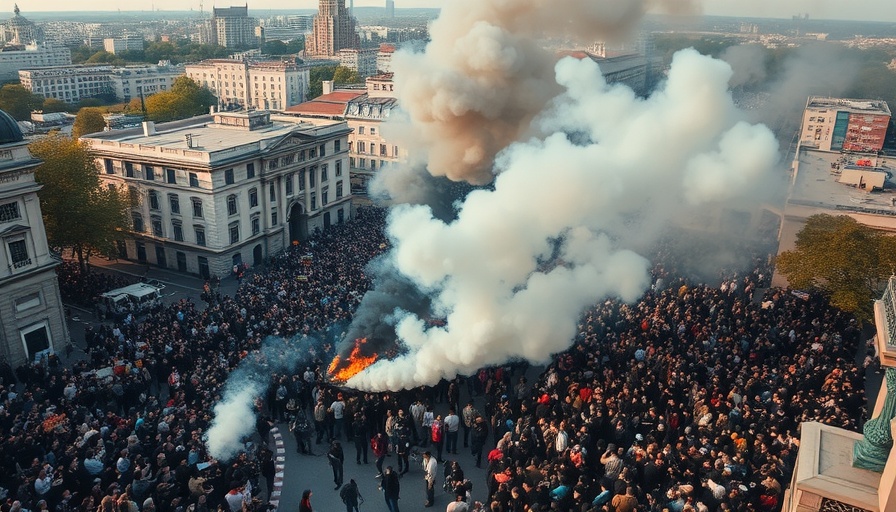 Protest scene with smoke and flames in urban cityscape.