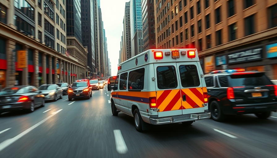 Stolen ambulance chase amidst city streets, police in pursuit.