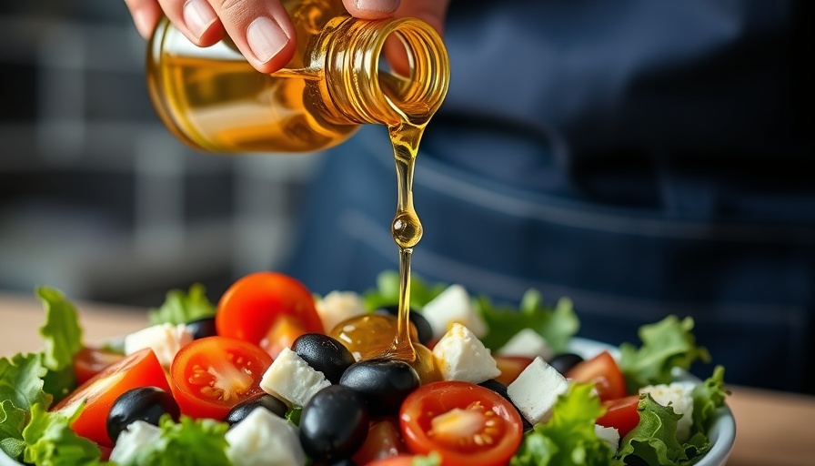 Healthy oil pouring over fresh salad, emphasizing healthy fats and obesity balance.