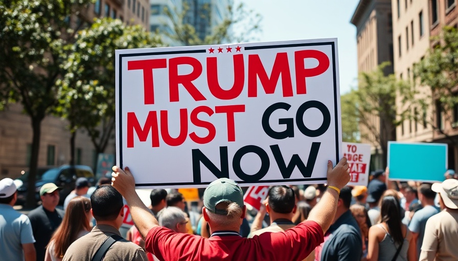Anti-Trump protest with large 'Trump Must Go Now' sign.