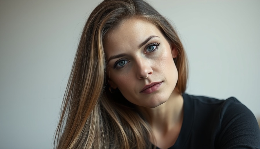 Pensive woman, photorealistic, seated indoors with long hair.