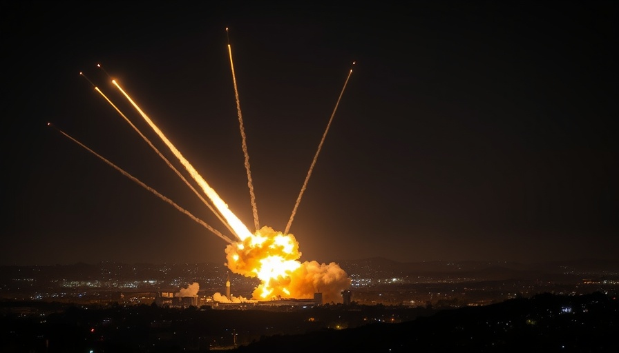 Iranian missile attack over skyline at night with bright trails.