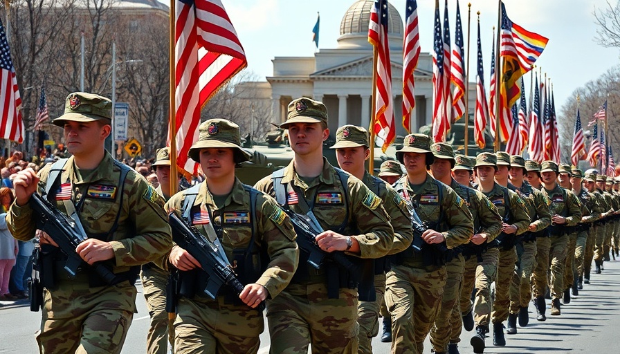 U.S. military parade history with troops marching in front of monument.
