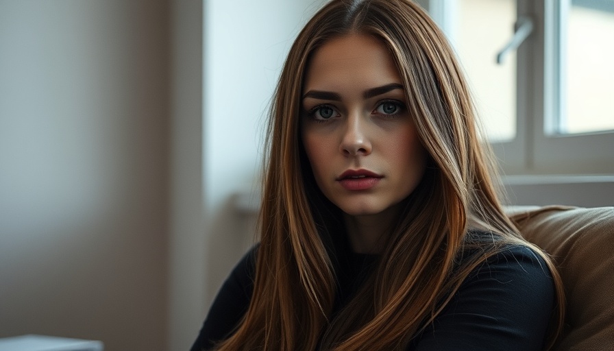 Solemn woman indoors with long brown hair, neutral expression.