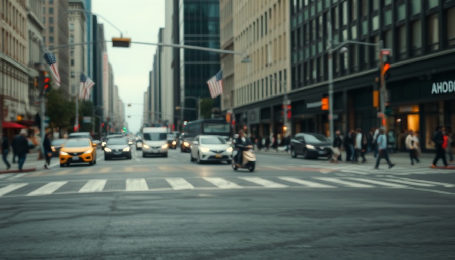 Blurred urban street scene at a crossroads with traffic and people.