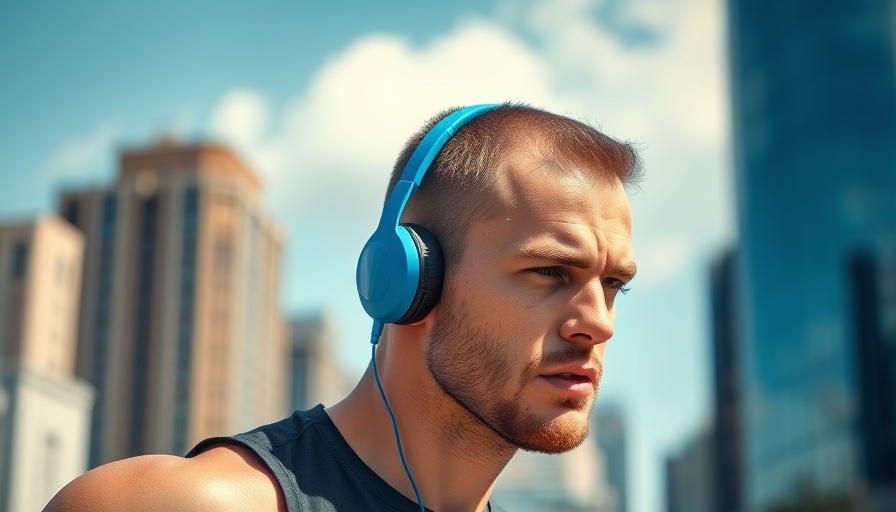 Athletic man with blue headphones, focused outdoors.