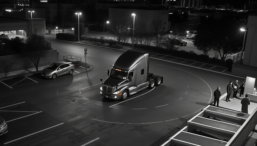 Surveillance image of semi truck at night in parking lot.