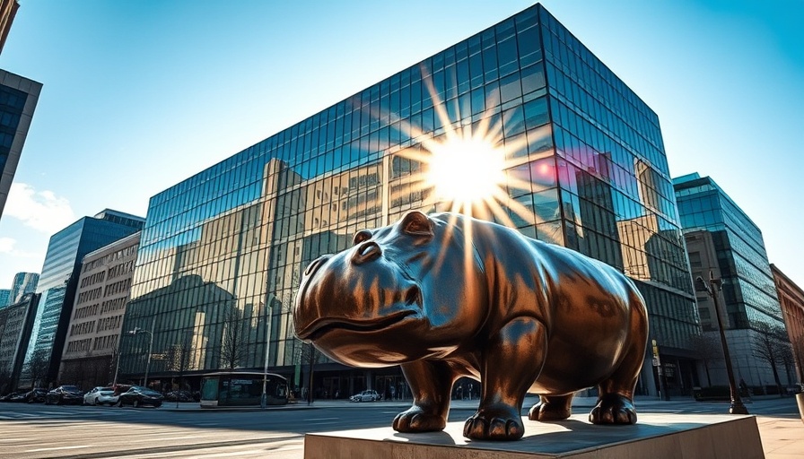 Hippo statue near glass building related to Hutto highway expansion impact.
