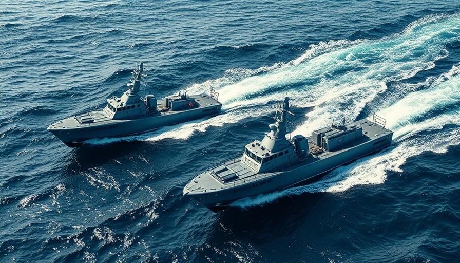 Unmanned military boats in formation on ocean waves