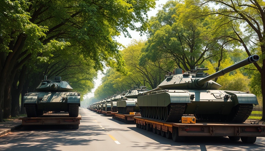 Military tanks on flatbeds in leafy street, No Kings protest against Trump.