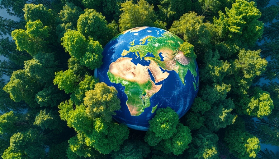 Aerial view of forest with Earth integrated, symbolizing forest carbon mapping technology.
