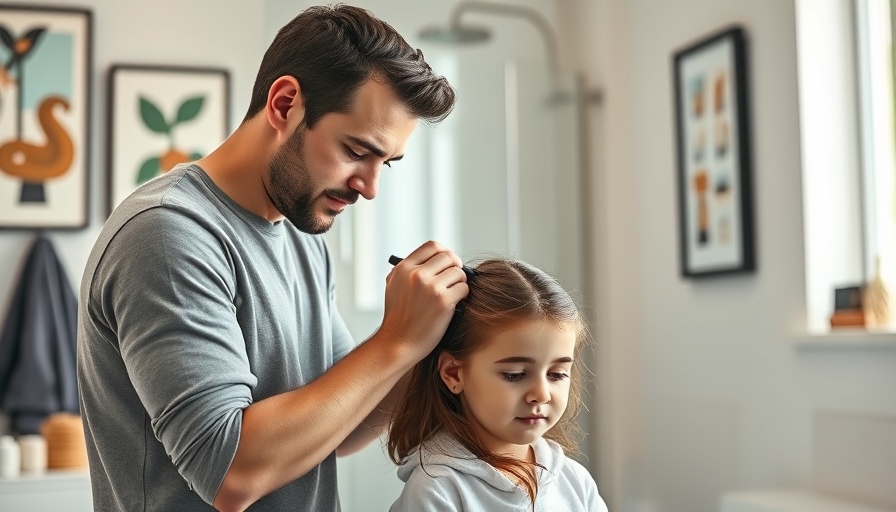 Father styling daughter's hair in a modern bathroom