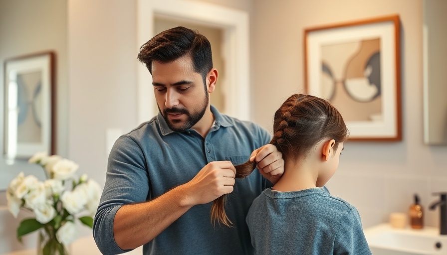 Father braiding daughter's hair in bathroom, YouTube tutorials for dads.