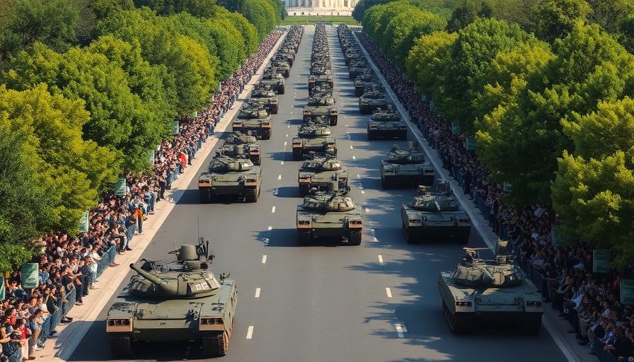 Aerial view of military parade in DC with tanks and spectators.
