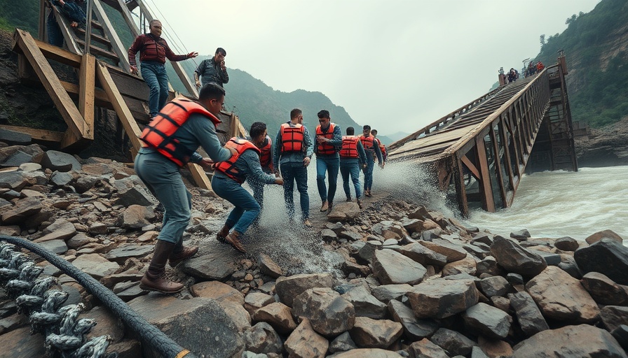 Rescue team aiding victims at collapsed bridge scene in western India.