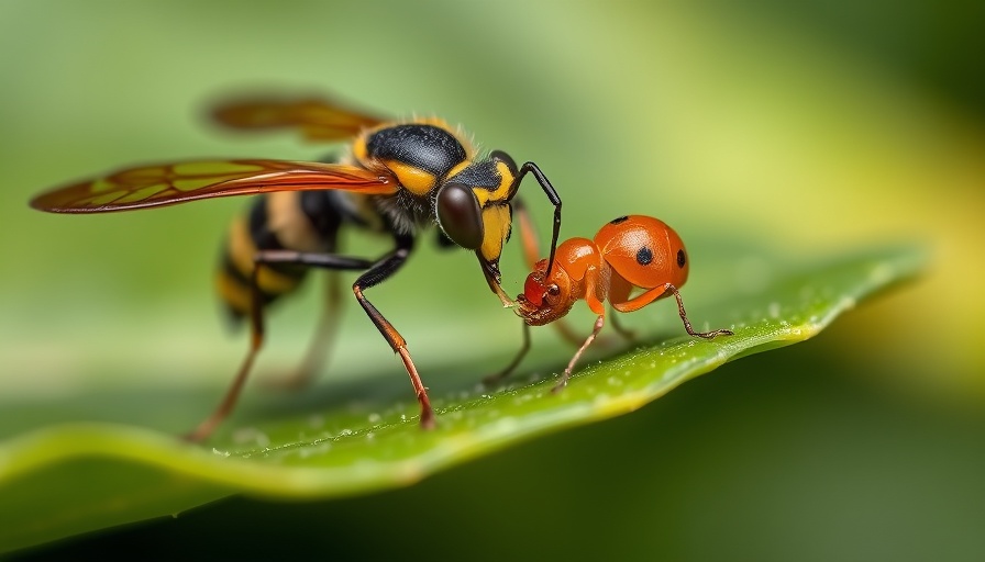 Macro image of wasp reproductive strategy featuring wasp and aphid.