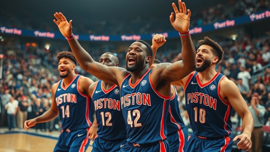 Detroit Pistons celebrate victory in a dynamic NBA highlight moment with a lively crowd.