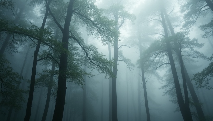 Ethereal misty forest enveloped in fog, Demi Moore memory loss.