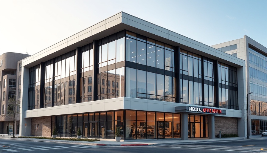 Modern Marble Falls medical office development rendering with large windows.