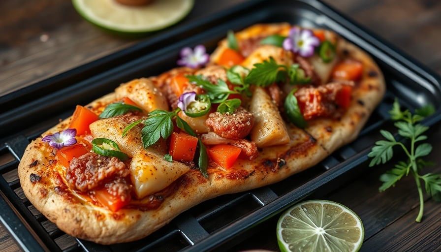 Gourmet Banh Mi grilled pizza on black tray with fresh toppings