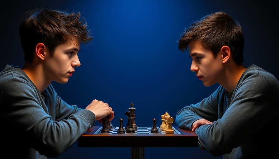 Focused young men playing chess with intense concentration.