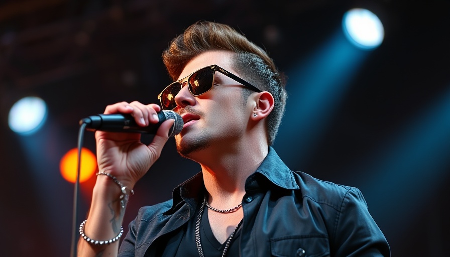 Stylish male artist performing on stage with sunglasses.