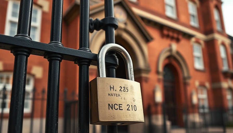 Padlock on iron gate preventing access to historic building, signifying restriction.