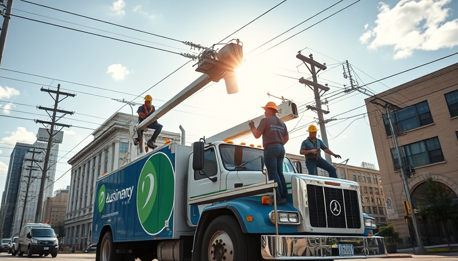 Austin Energy truck repairing power lines, sunny day.