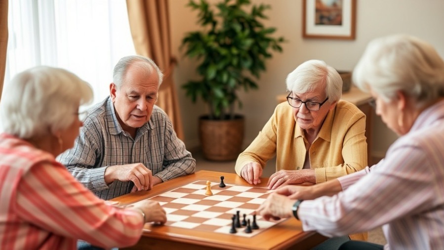Seniors enjoying checkers at Frisco assisted living center.