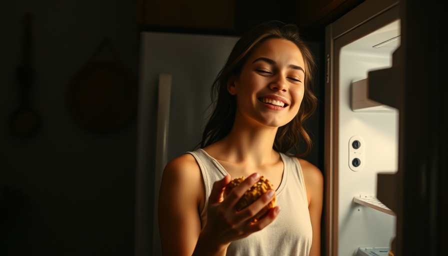 Young woman enjoying cake next to refrigerator, capturing meal memory neurons moment.