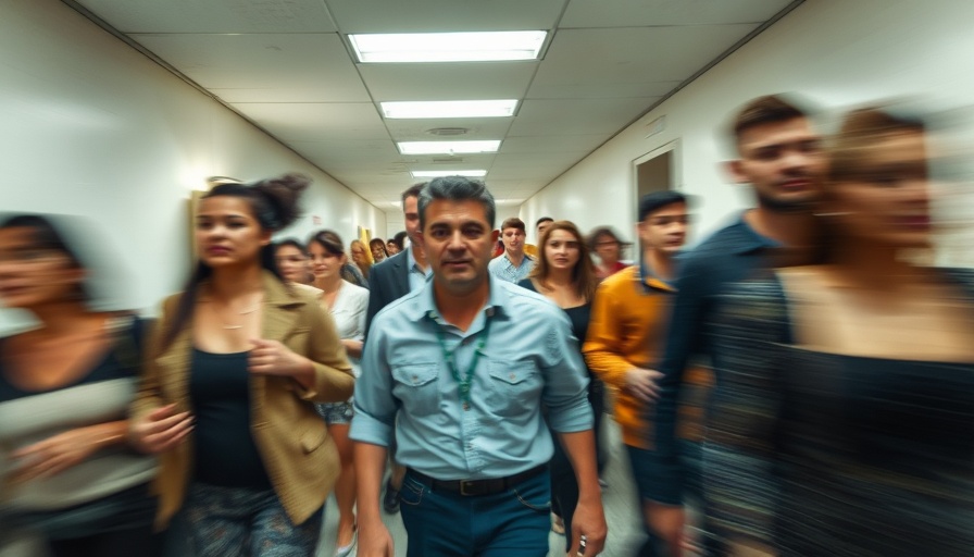 People moving urgently in dimly lit corridor.