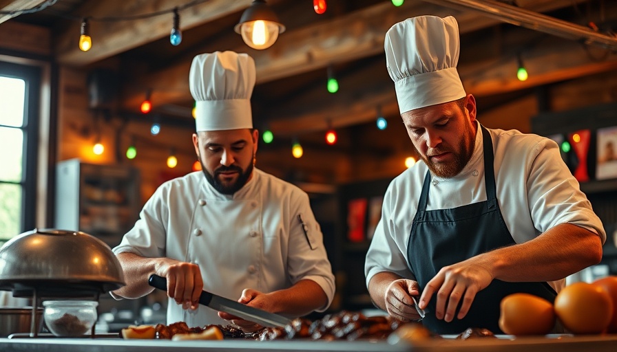 Chefs preparing Austin barbecue in rustic setting, colorful lights.