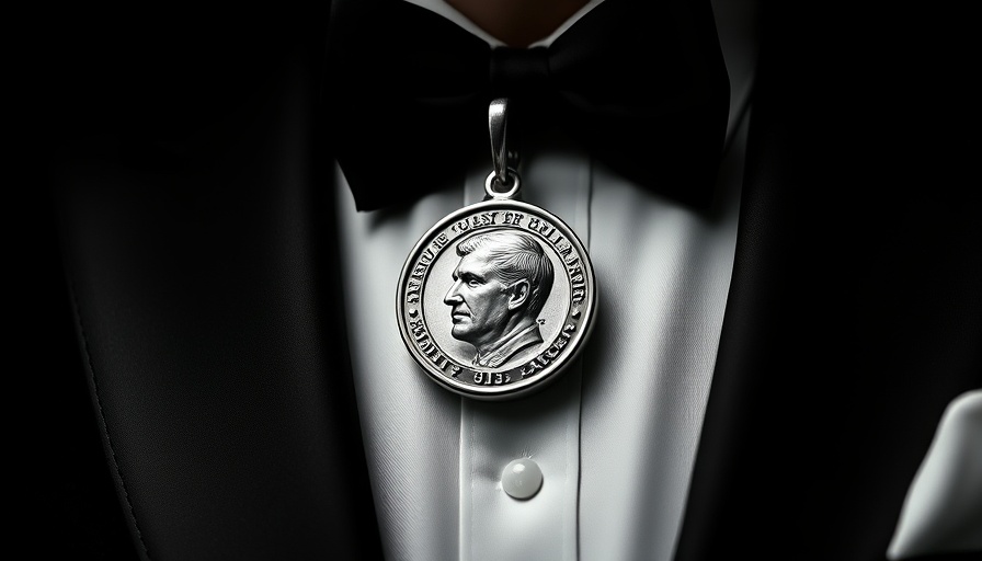 Close-up of a James Beard Award medallion on a tuxedo in Austin.