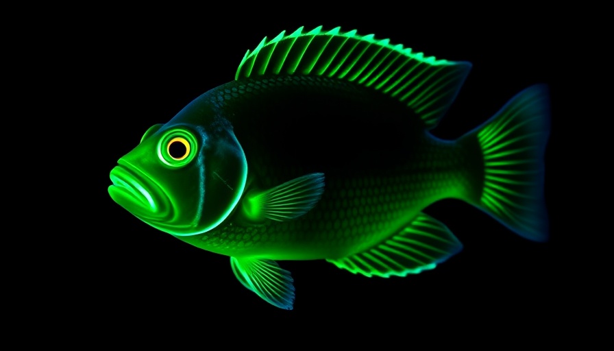 Biofluorescence in marine fish glowing neon green against black.