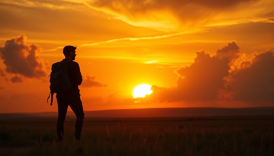 Silhouette of traveler hiking towards sunset, quest for freedom theme.