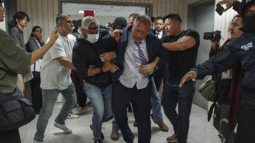 Staged political arrest news USA, contrasting scenes of calm and chaos.