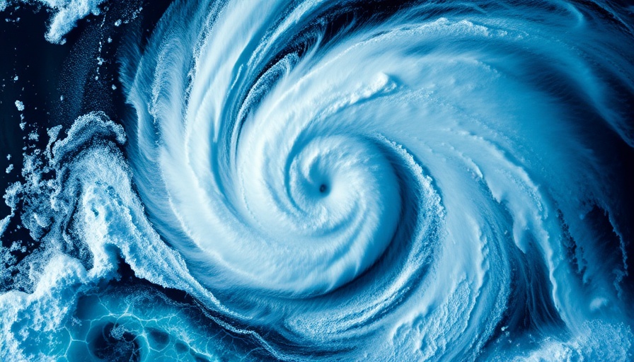 Satellite view of a hurricane in 2023 with swirling clouds over the ocean