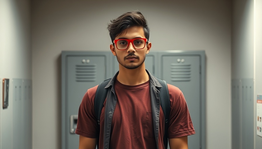 Person standing indoors with red glasses near locker, domestic violence Houston.