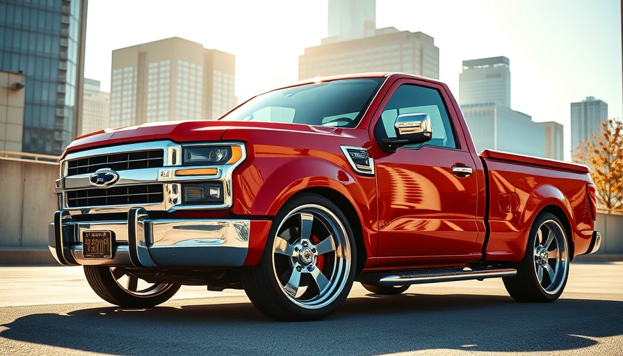 Customized red pickup truck in Austin's urban landscape.
