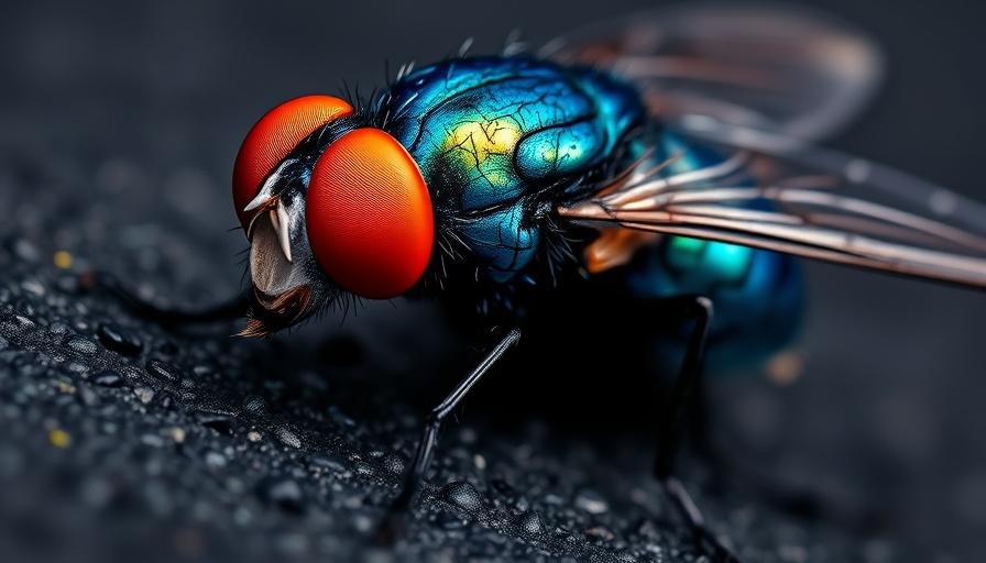 Vibrant fly with metallic blue body and red-orange eyes in Texas.