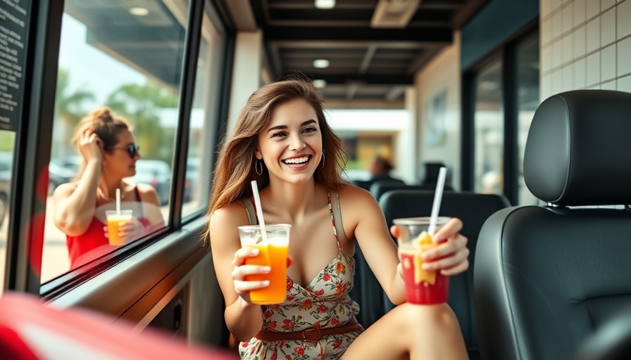 Trump granddaughter working at Dunkin' Donuts drive-thru and enjoying drinks, photorealistic.